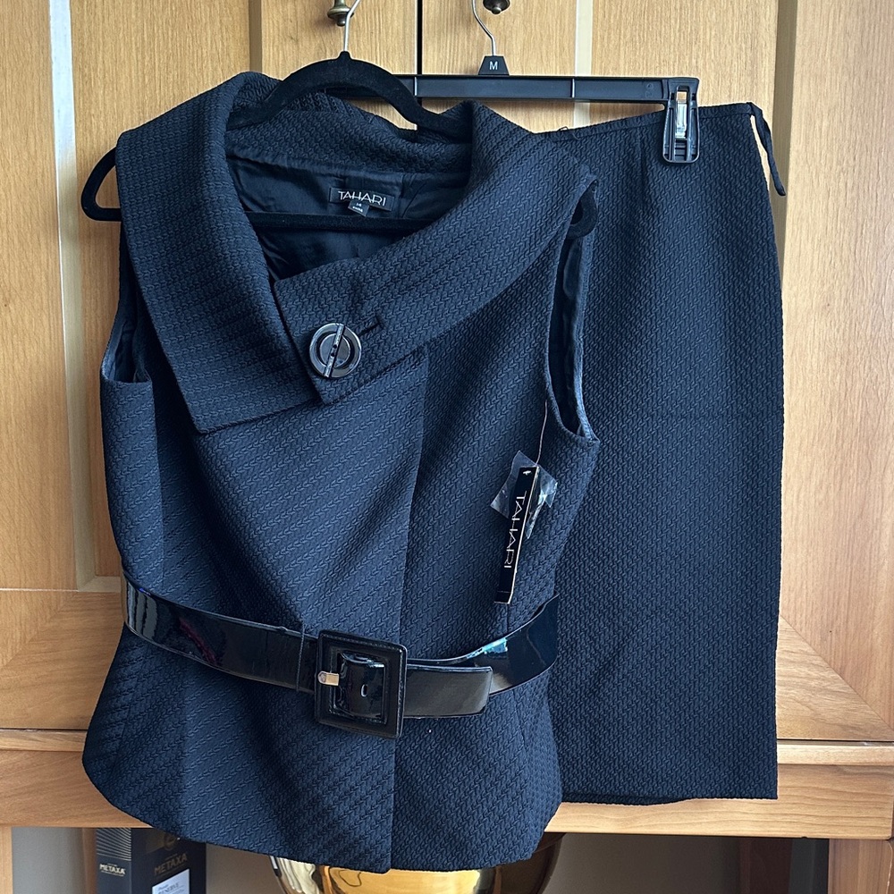 Tahari skirt suit with a belted, peplum-style top